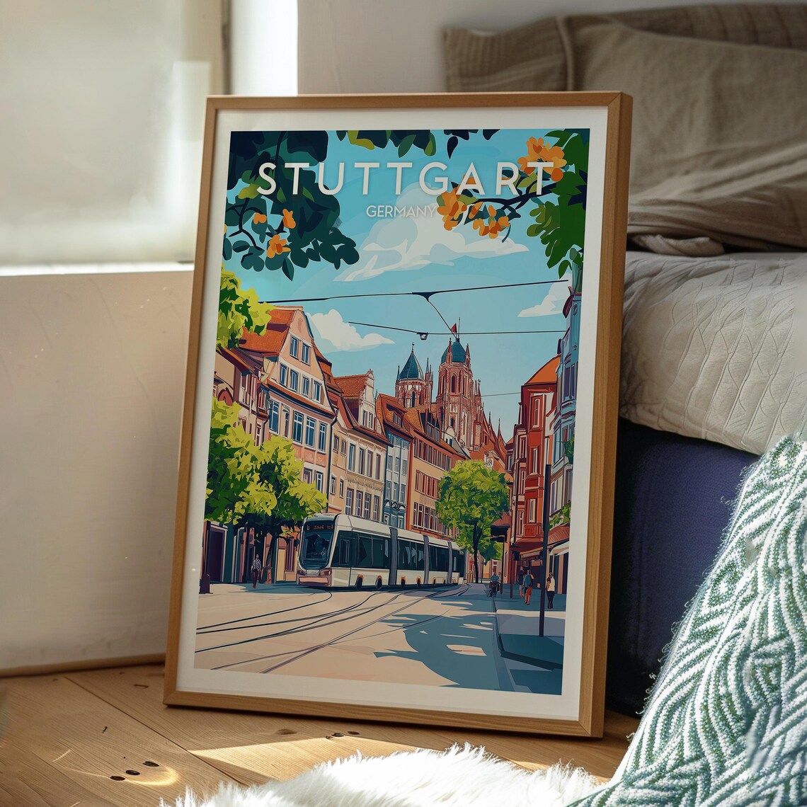 Stuttgart Germany Historic Tram Street Cathedral Towers Travel Poster - Image 3