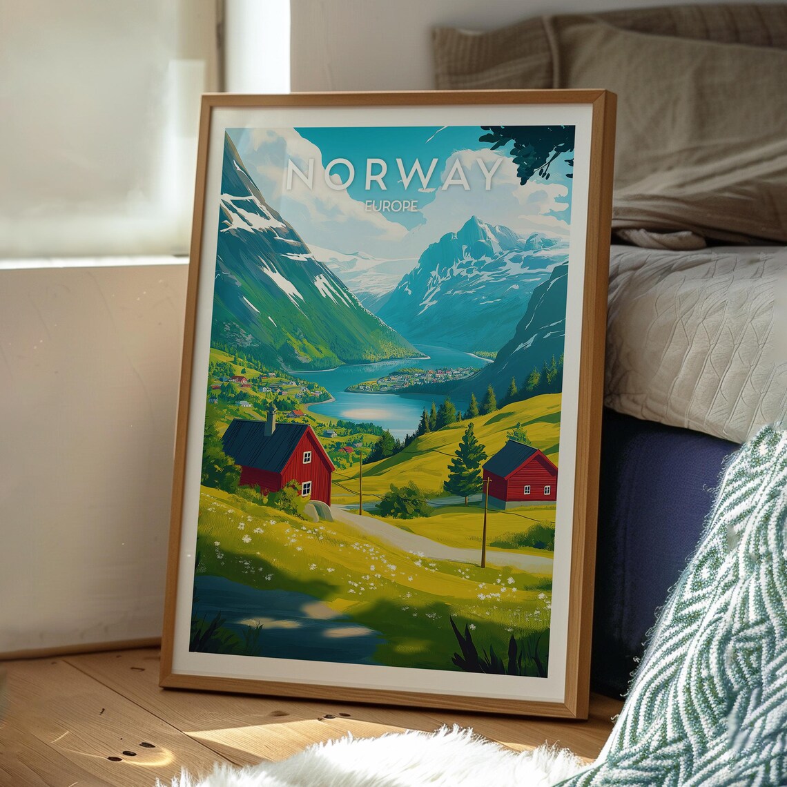 Norway Europe Fjord Valley Red Cabins and Snowy Peaks Poster - Image 3
