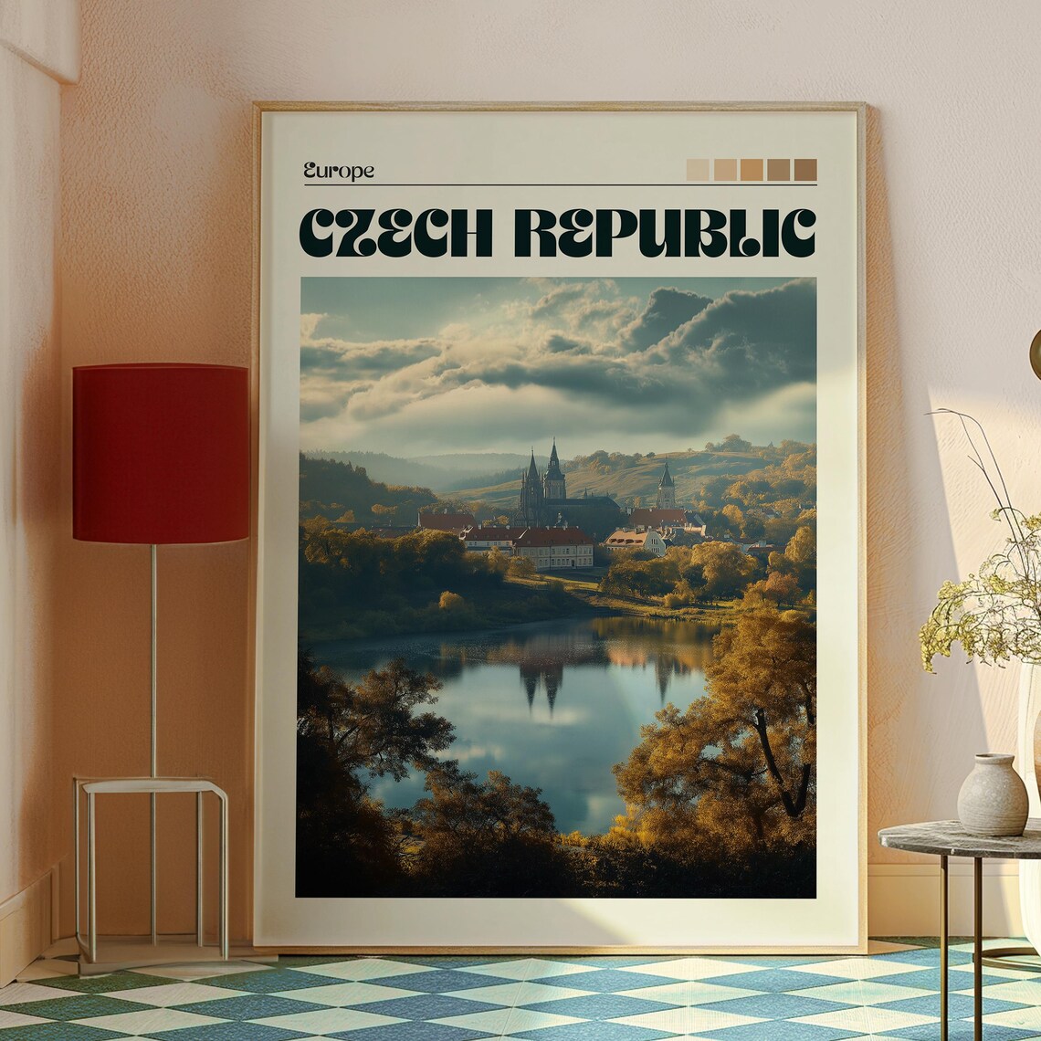 Czech Republic Europe Autumn River Town Church Spires Travel Poster - Image 2