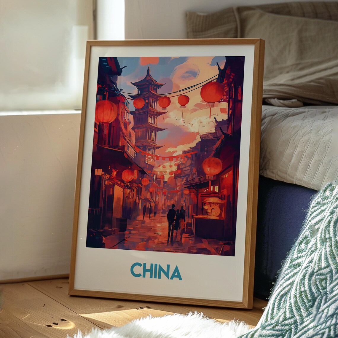 China Red Lantern Old Street Pagoda Night Scene Travel Poster - Image 3