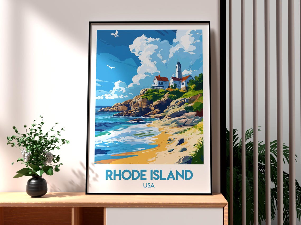 Rhode Island USA Lighthouse Rocky Coast Beach Scene Travel Poster