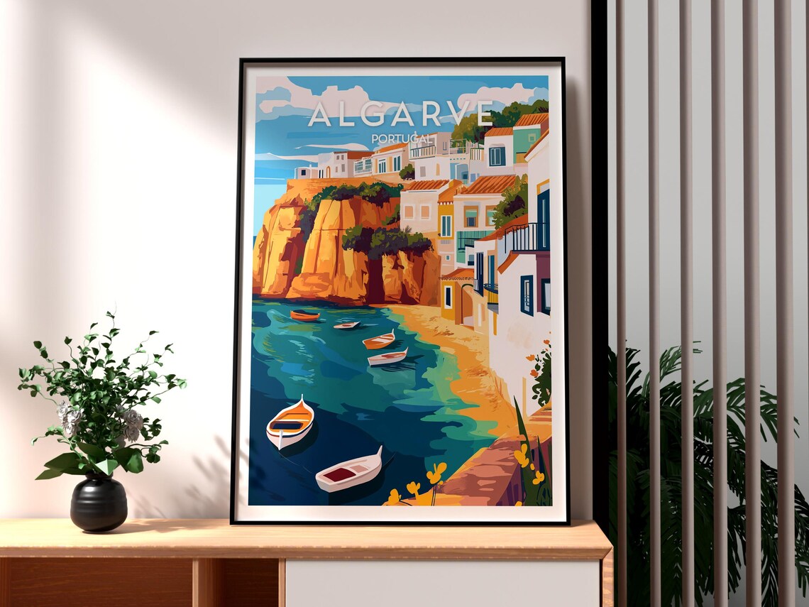 Algarve Portugal Cliff Village Boats Beach Cove Travel Poster