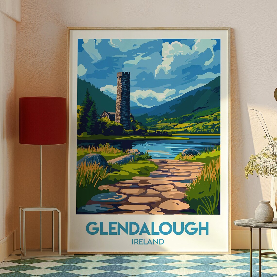 Glendalough Ireland Round Tower Lake Illustrated Travel Poster - Image 2