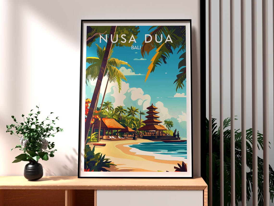 Nusa Dua Bali Temple Shore Sandy Tropical Beach Travel Poster