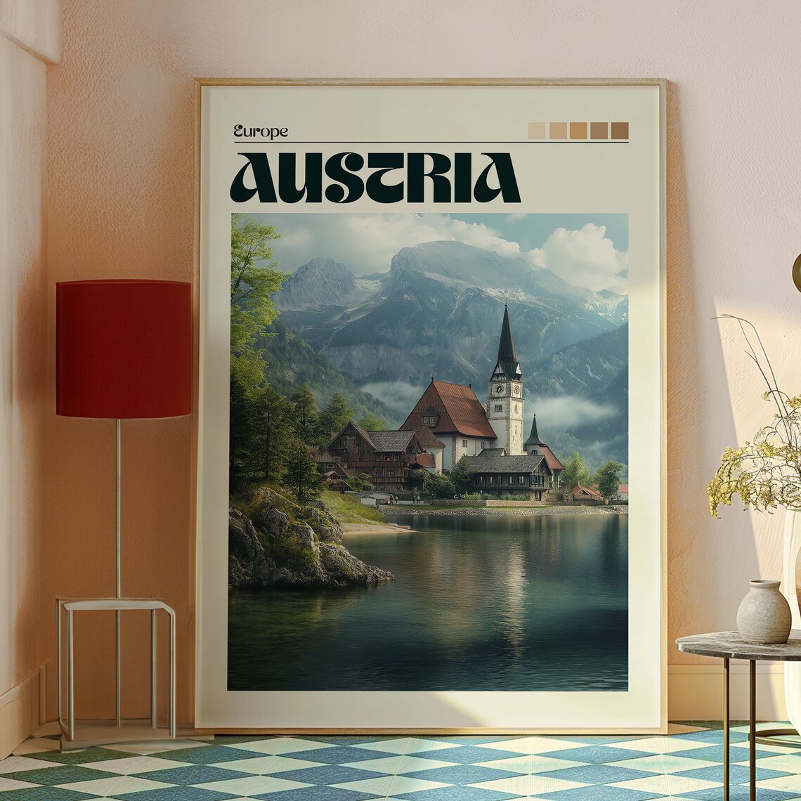 Austria Lakeside Village Church Mountain Lake Vintage Travel Poster - Image 2