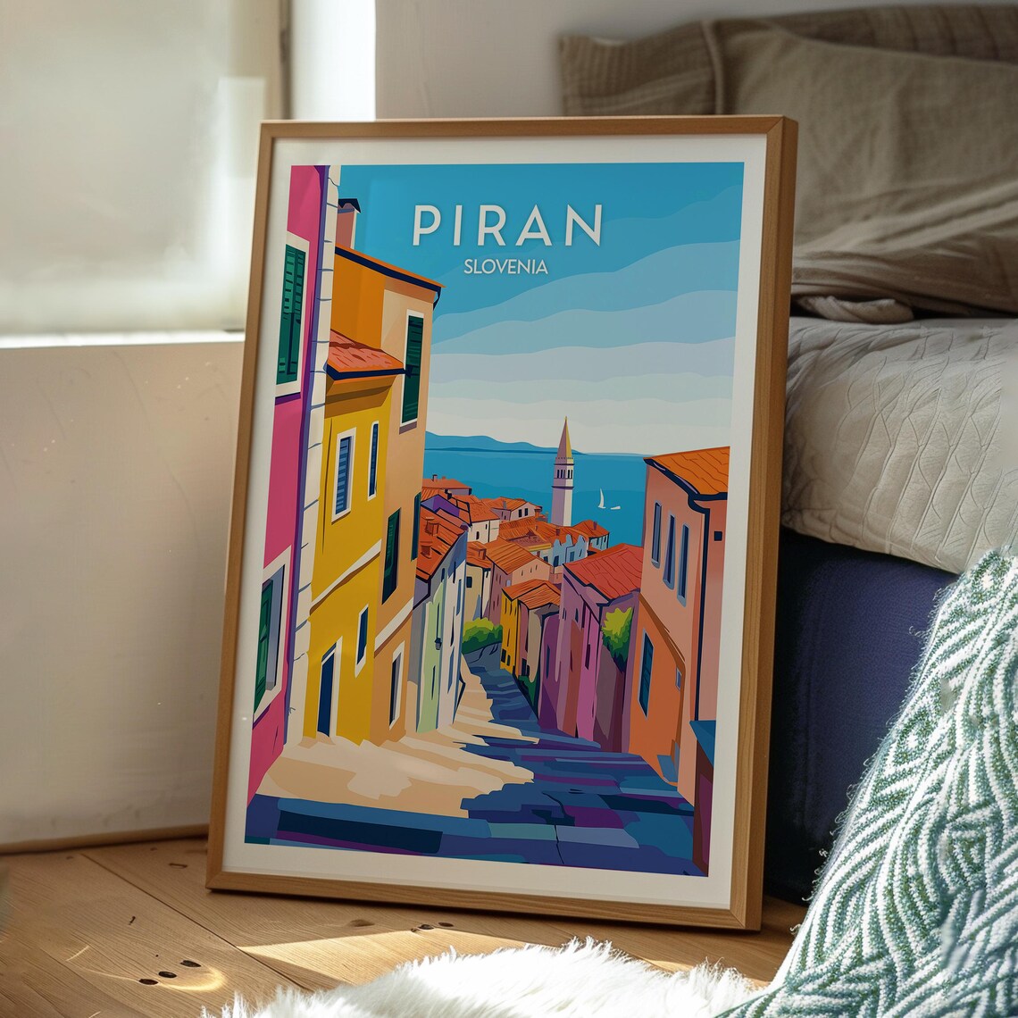 Piran Slovenia Pastel Alley Adriatic Sea Bell Tower View Travel Poster - Image 3