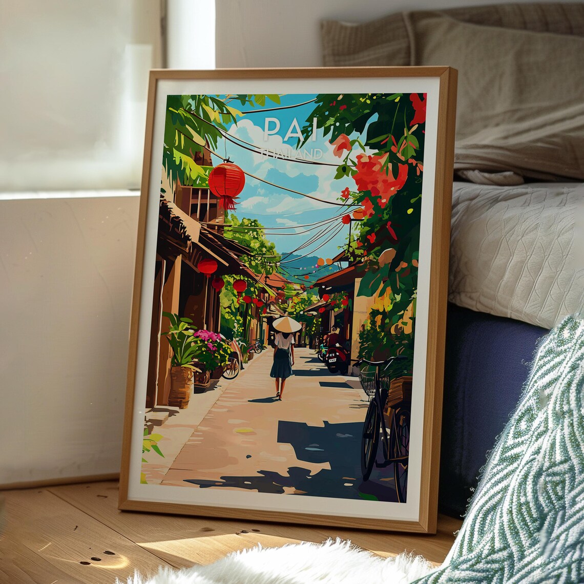 Pai Thailand Lantern Street Woman With Conical Hat Travel Poster - Image 3