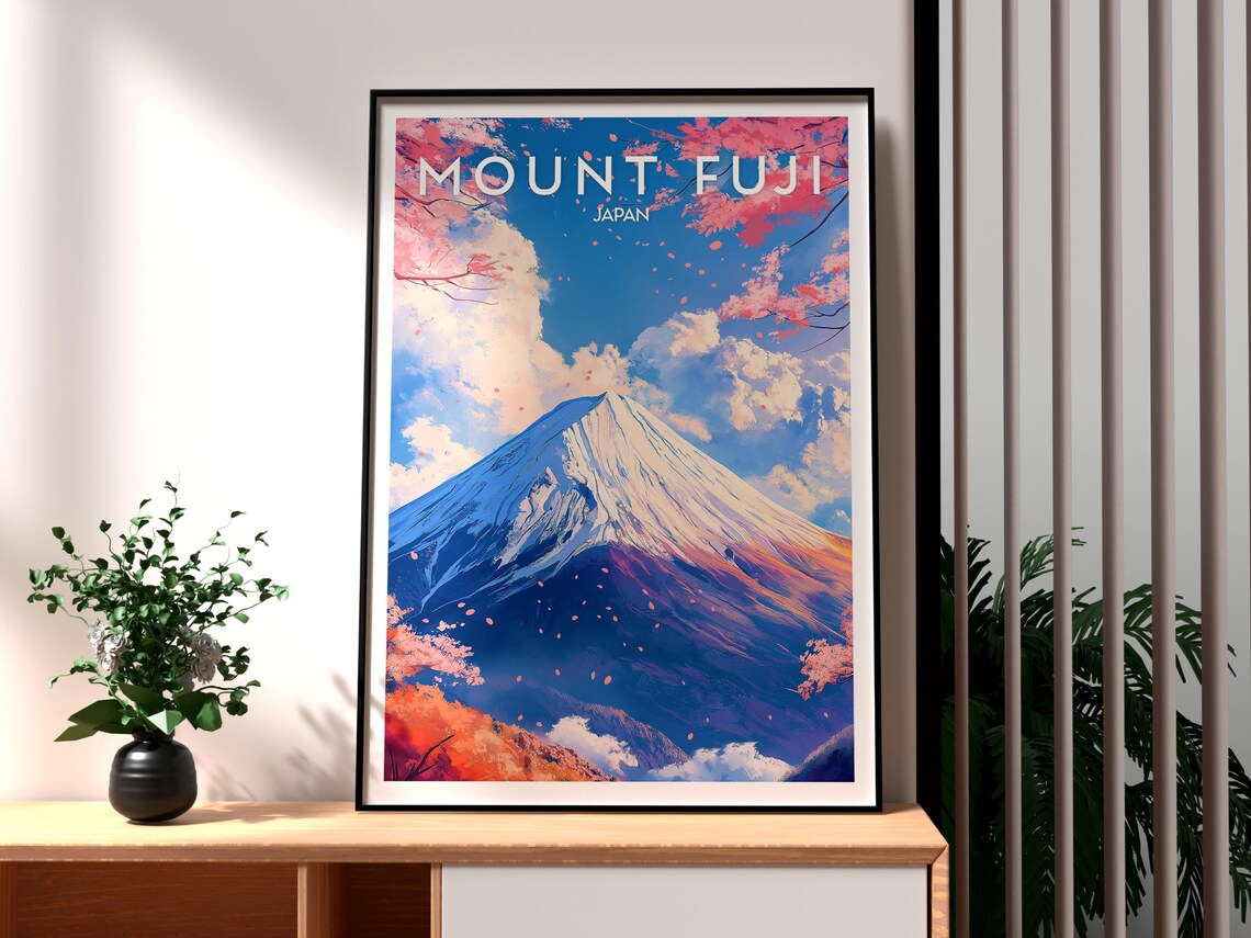 Mount Fuji Japan Cherry Blossom Snow Capped Peak Travel Poster