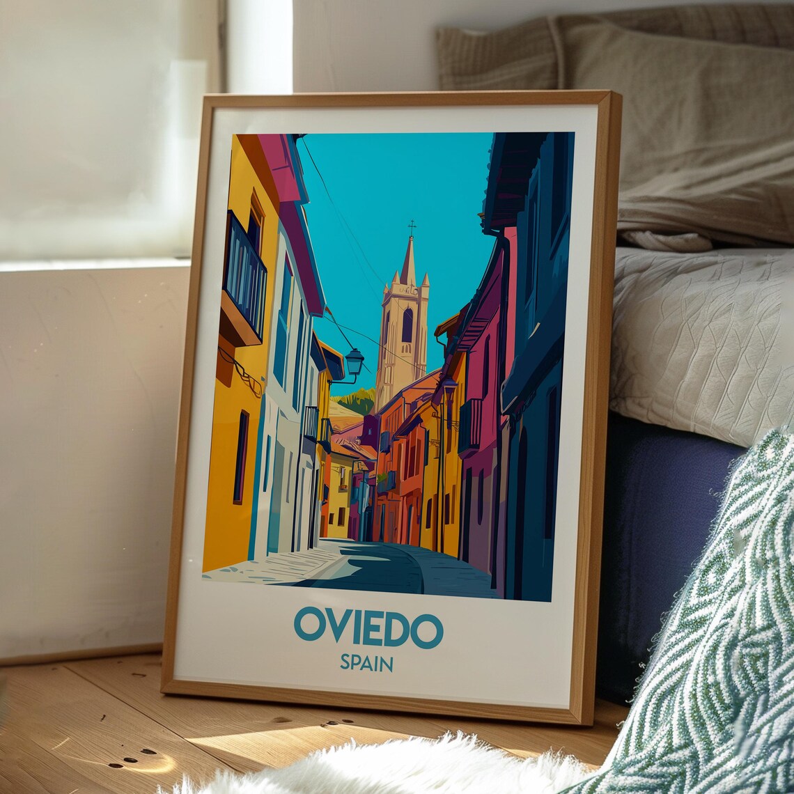 Oviedo Spain Historic Street Gothic Tower Bright Facades Travel Poster - Image 3