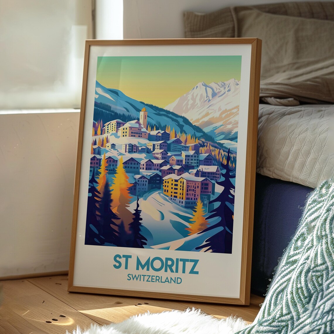St Moritz Switzerland Alpine Ski Village Snowy Mountain Peaks Travel Poster - Image 3