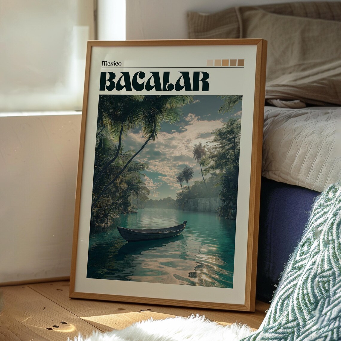 Bacalar Mexico Lagoon Canoe Palm Shore Vintage Travel Poster - Image 3
