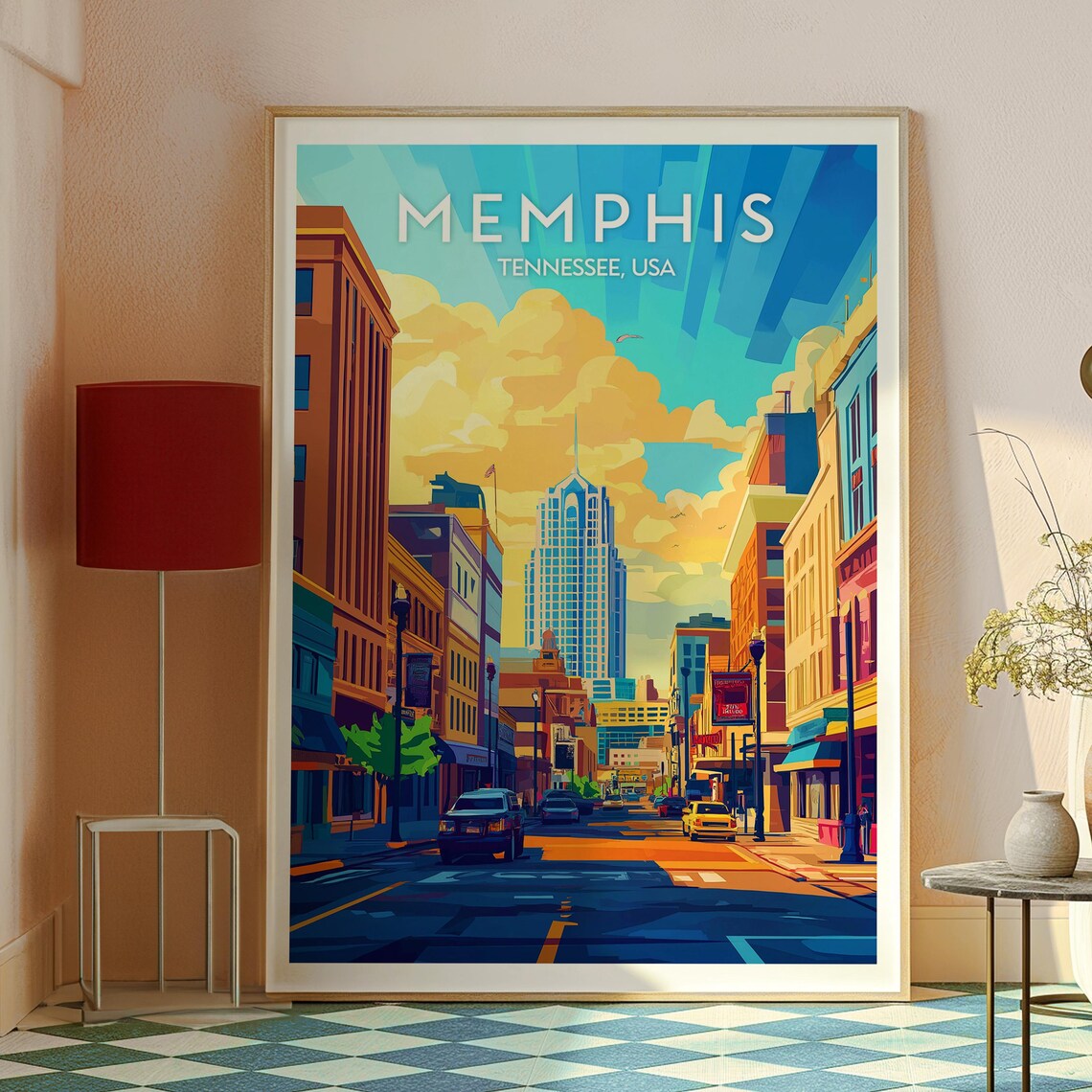 Vintage Memphis Tennessee Downtown City Sunset Skyline Travel Poster - Image 2