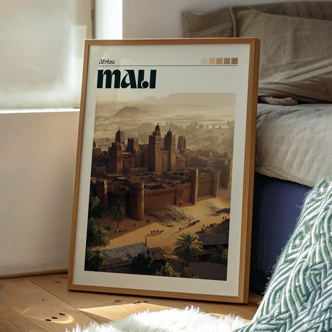 Mali Africa Mud Brick Fortress Town Desert Palms Golden Travel Poster - Image 3