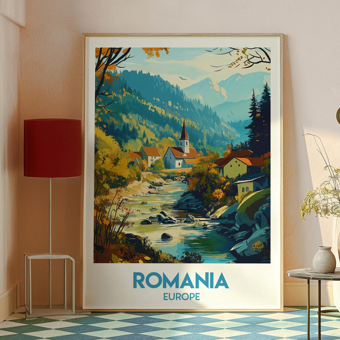 Romania Europe Mountain River Village Church Autumn Art Poster - Image 2