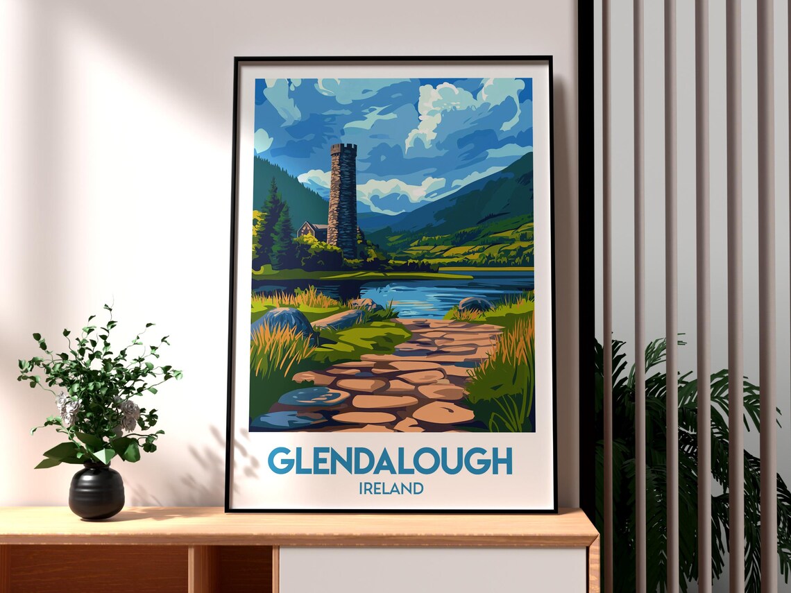 Glendalough Ireland Round Tower Lake Illustrated Travel Poster