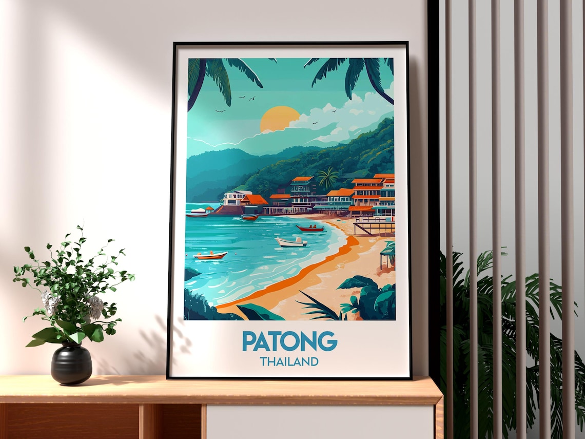 Patong Thailand Tropical Beach Bay Sunset Illustrated Travel Poster