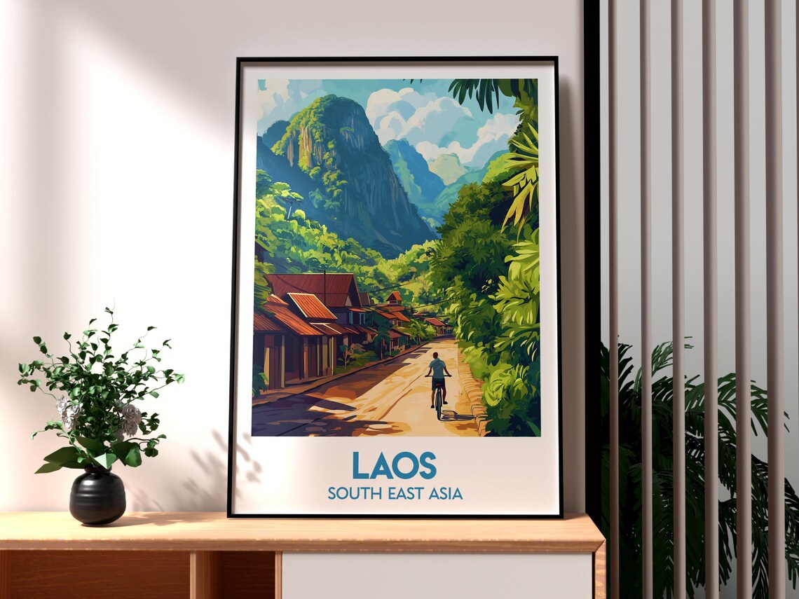 Laos South East Asia Village Road Jungle Mountains Travel Poster