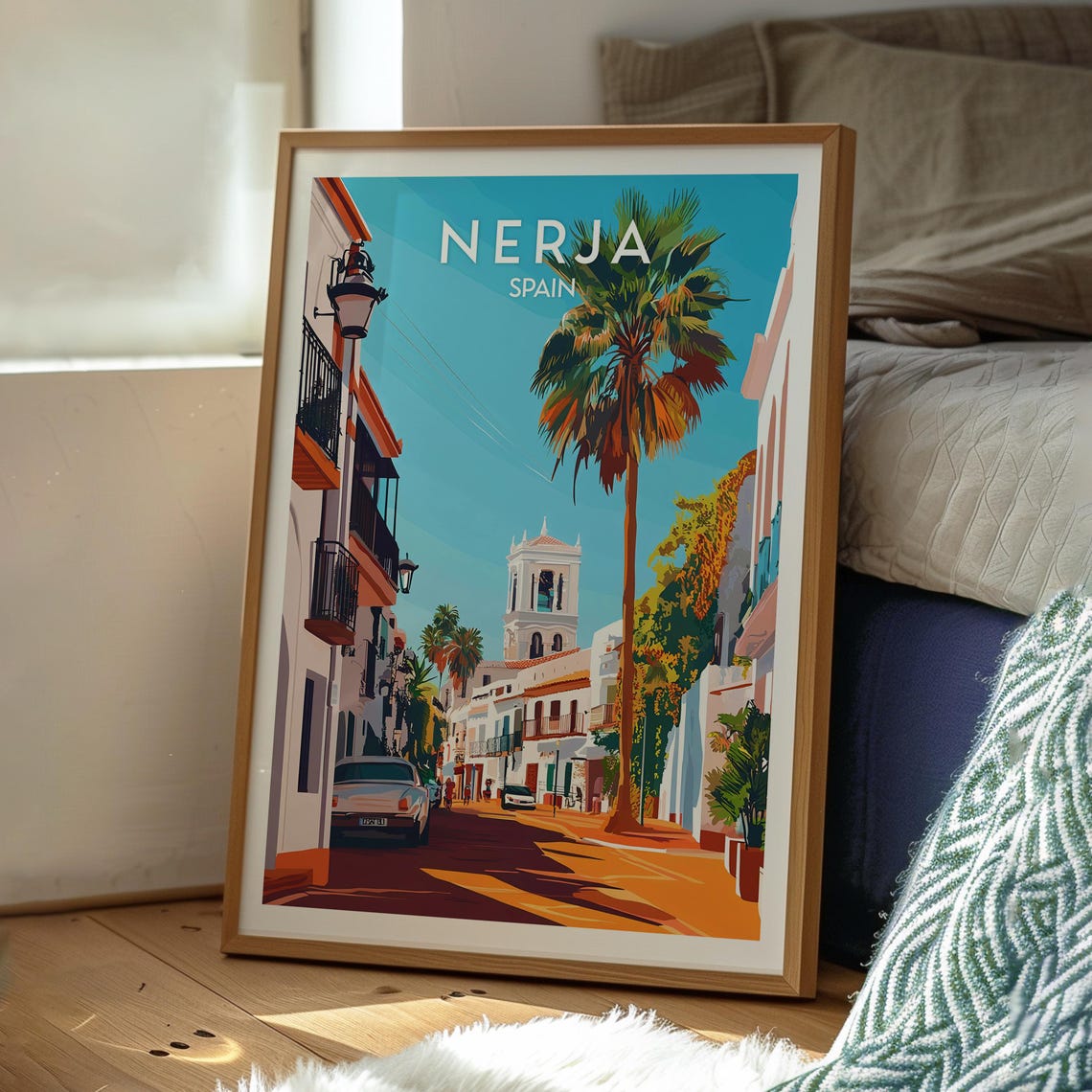 Nerja Spain Palm Tree Street Whitewashed Buildings Travel Poster - Image 3