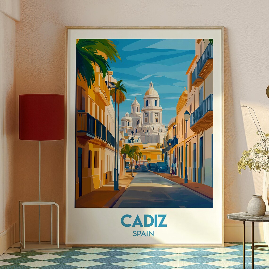 Cadiz Spain Old Street Cathedral Domes Palm Trees Travel Poster - Image 2