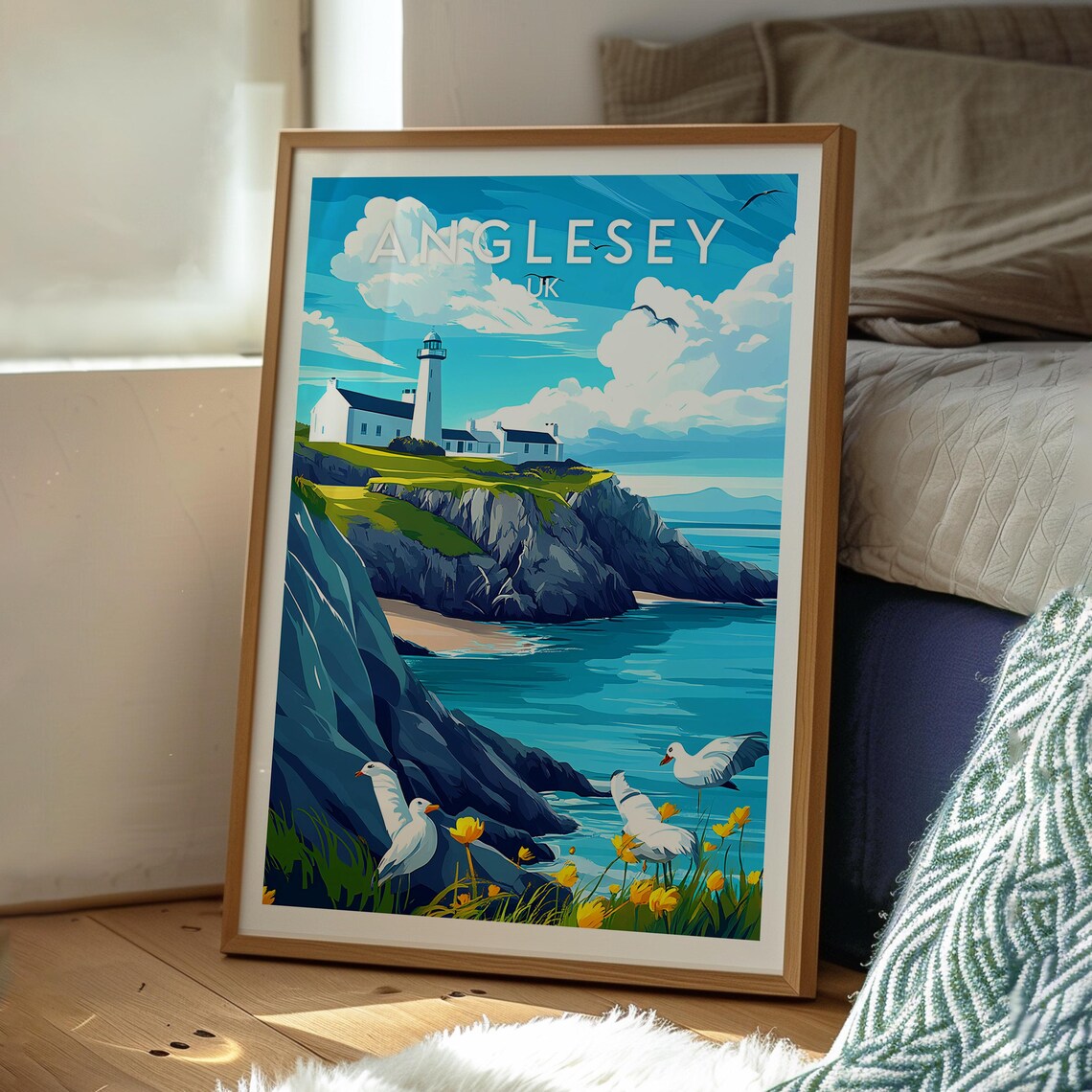 Anglesey UK Lighthouse Cliff Coast Seagulls Wales Travel Poster - Image 3