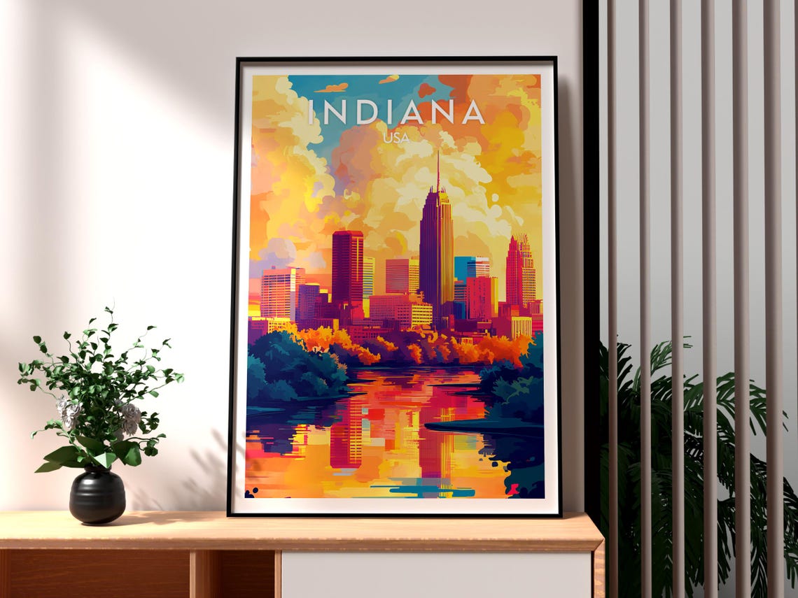 Indiana USA Indianapolis Skyline River Sunset Reflection Poster