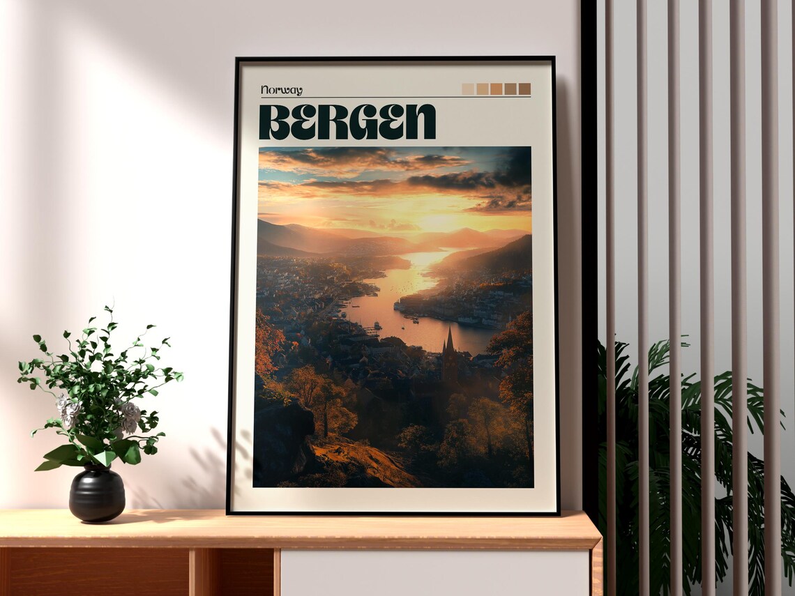 Bergen Norway Harbor Sunset Over Fjord Water Travel Art Poster