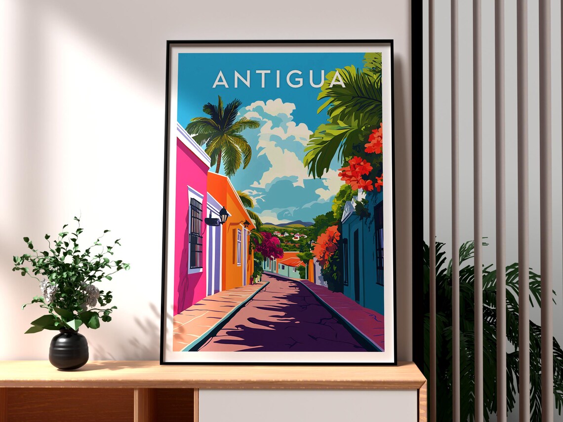 Antigua Caribbean Colonial Street Palm Trees Island Travel Poster