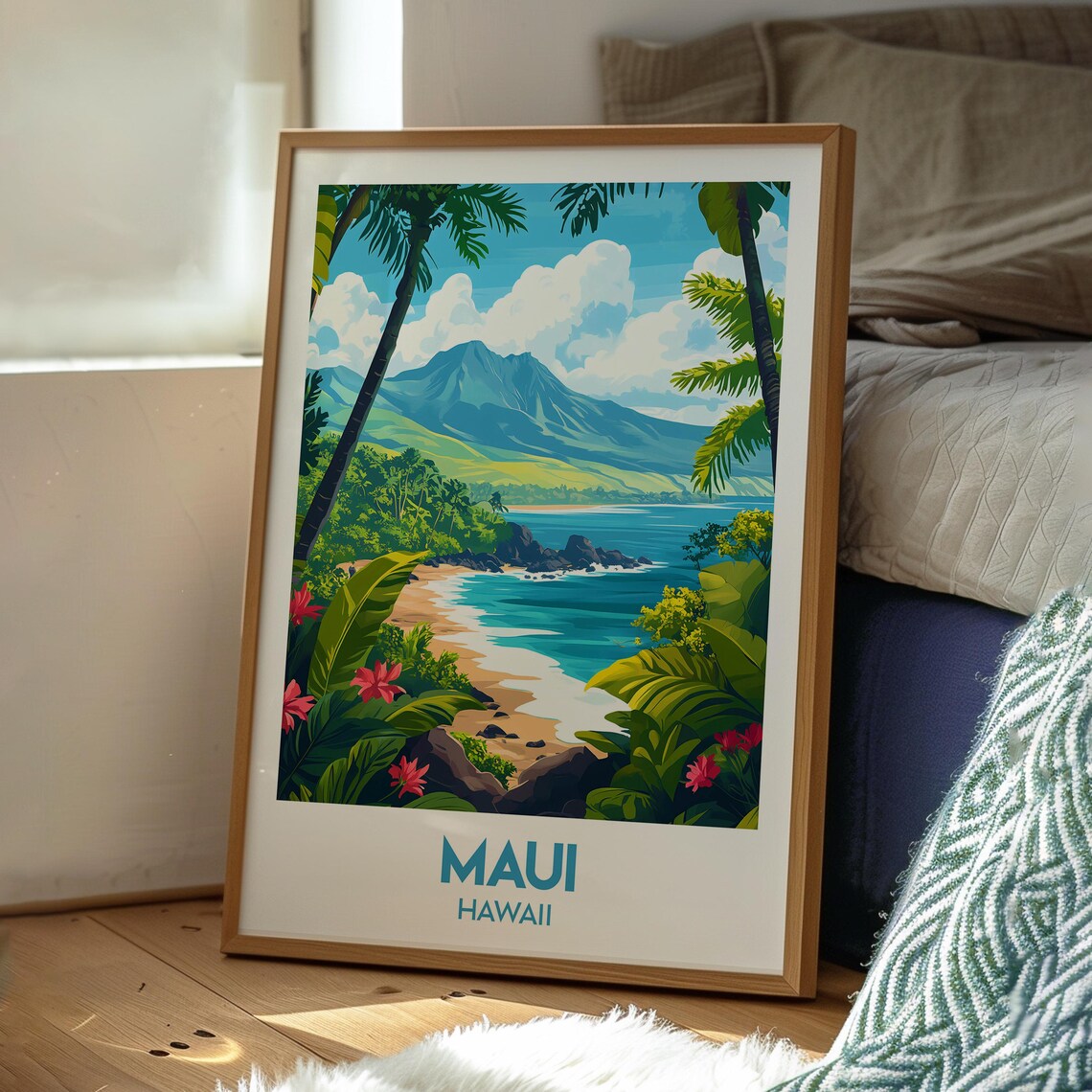 Maui Hawaii Tropical Beach Lagoon Retro Illustrated Travel Poster - Image 3