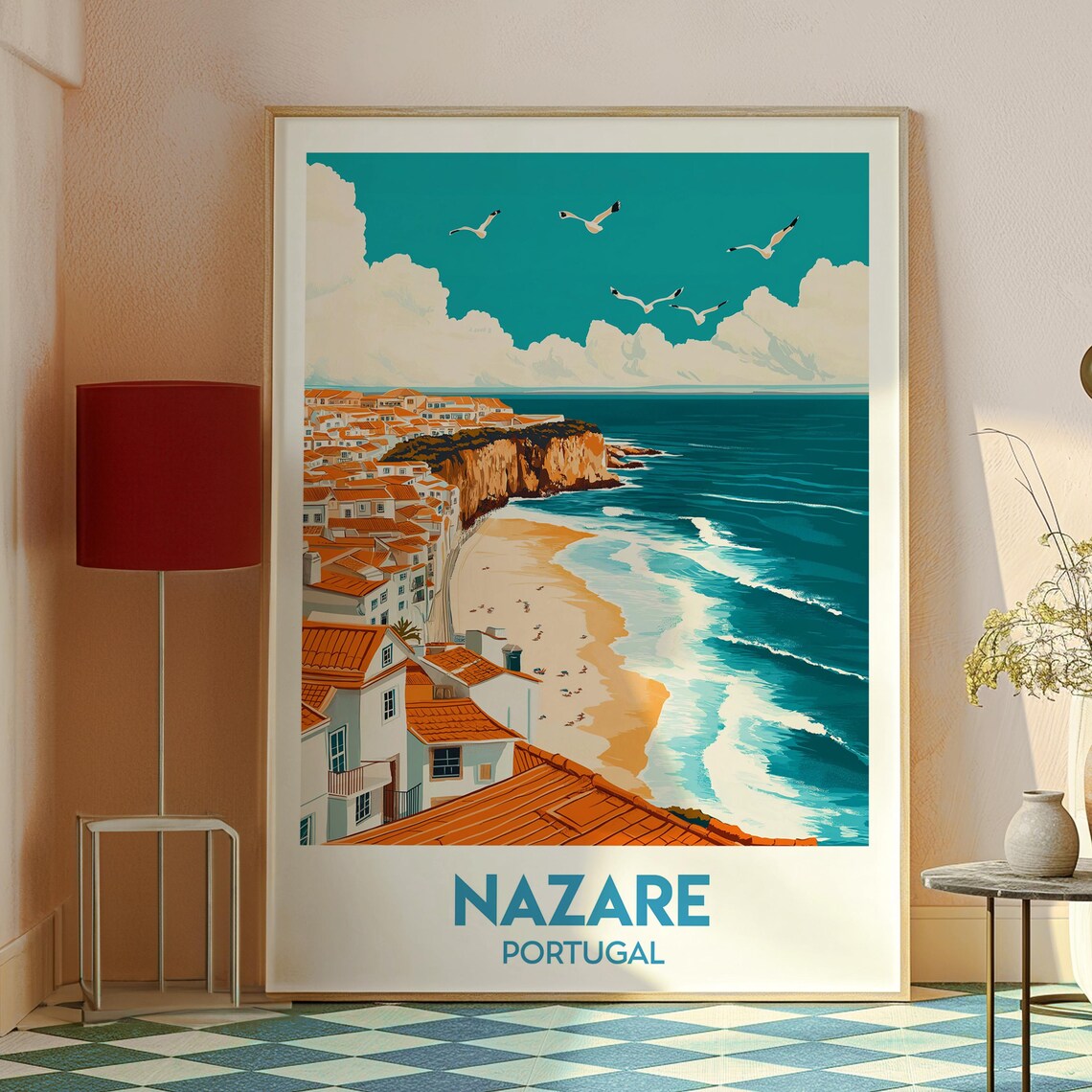 Nazare Portugal Cliff Town Red Roofs Beach Illustration Poster - Image 2