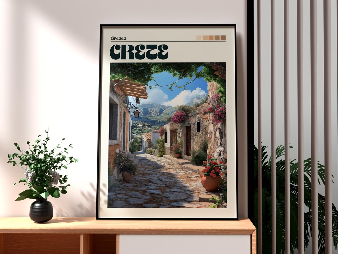 Crete Greece Old Stone Village Alley Flowers Mountain Travel Poster