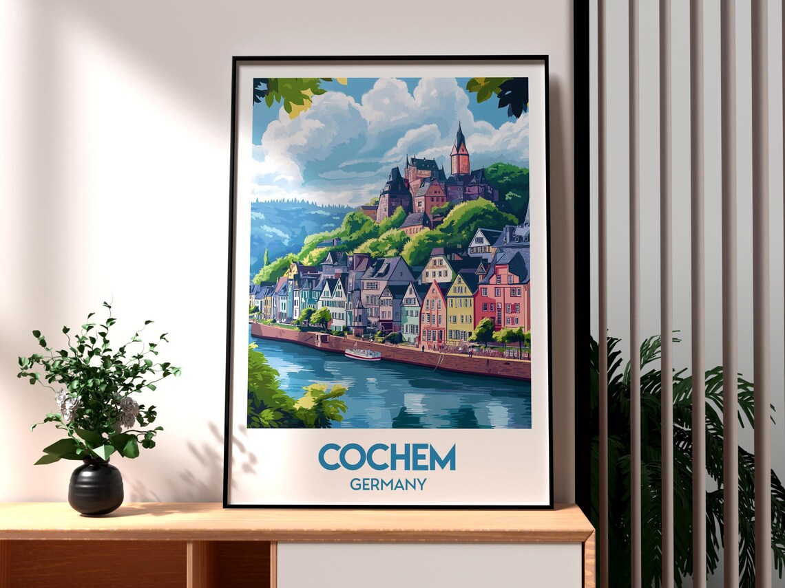 Vintage Cochem Germany River Castle Old Town Travel Art Poster