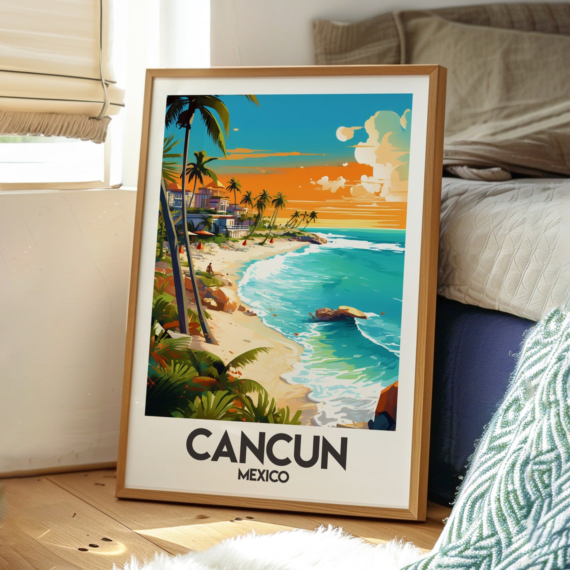 Cancun Mexico Palm Tree Beach Sunset Turquoise Sea Illustration Poster - Image 3