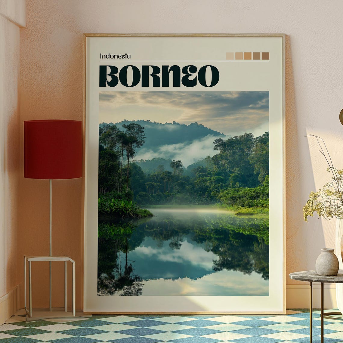 Borneo Indonesia Misty Jungle River Mirror Reflection Poster - Image 2