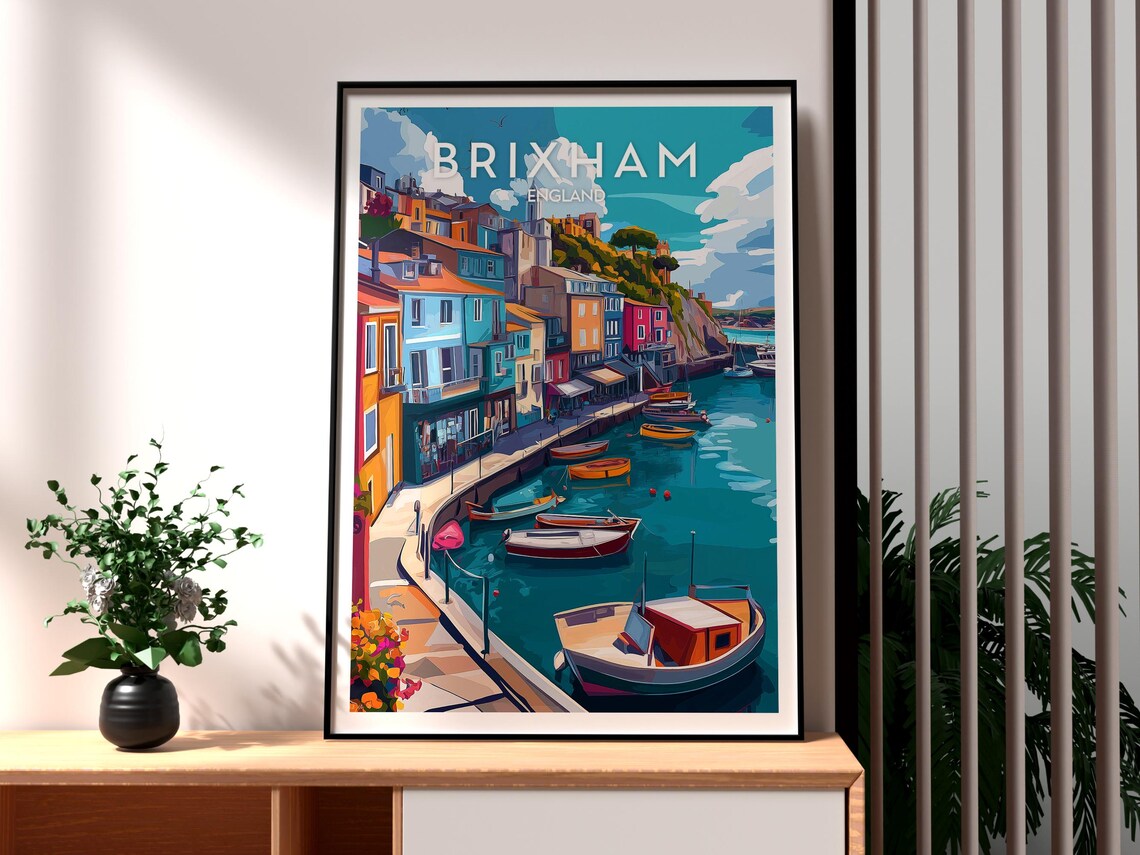Brixham England Harbor Rowboats Colorful Coastal Travel Poster