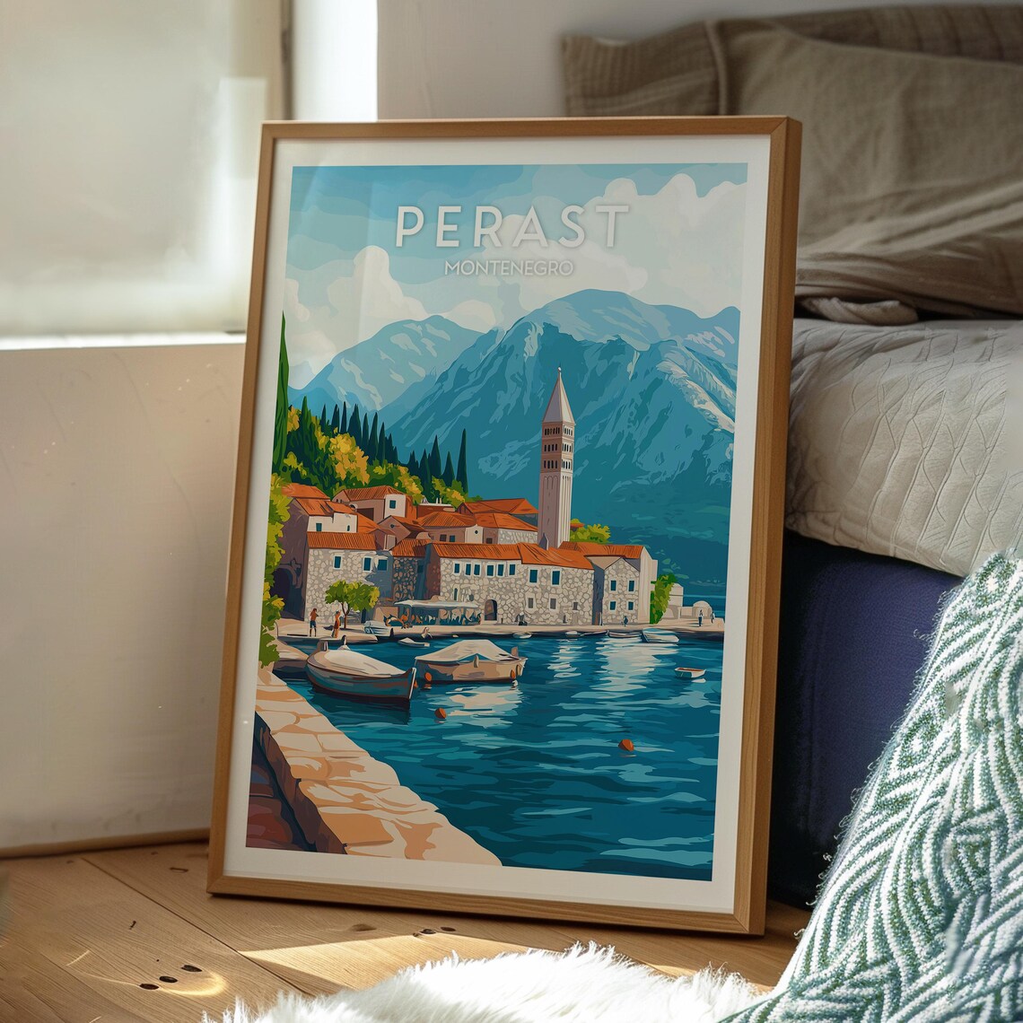 Perast Montenegro Waterfront Bell Tower Boats Bay of Kotor Poster - Image 3