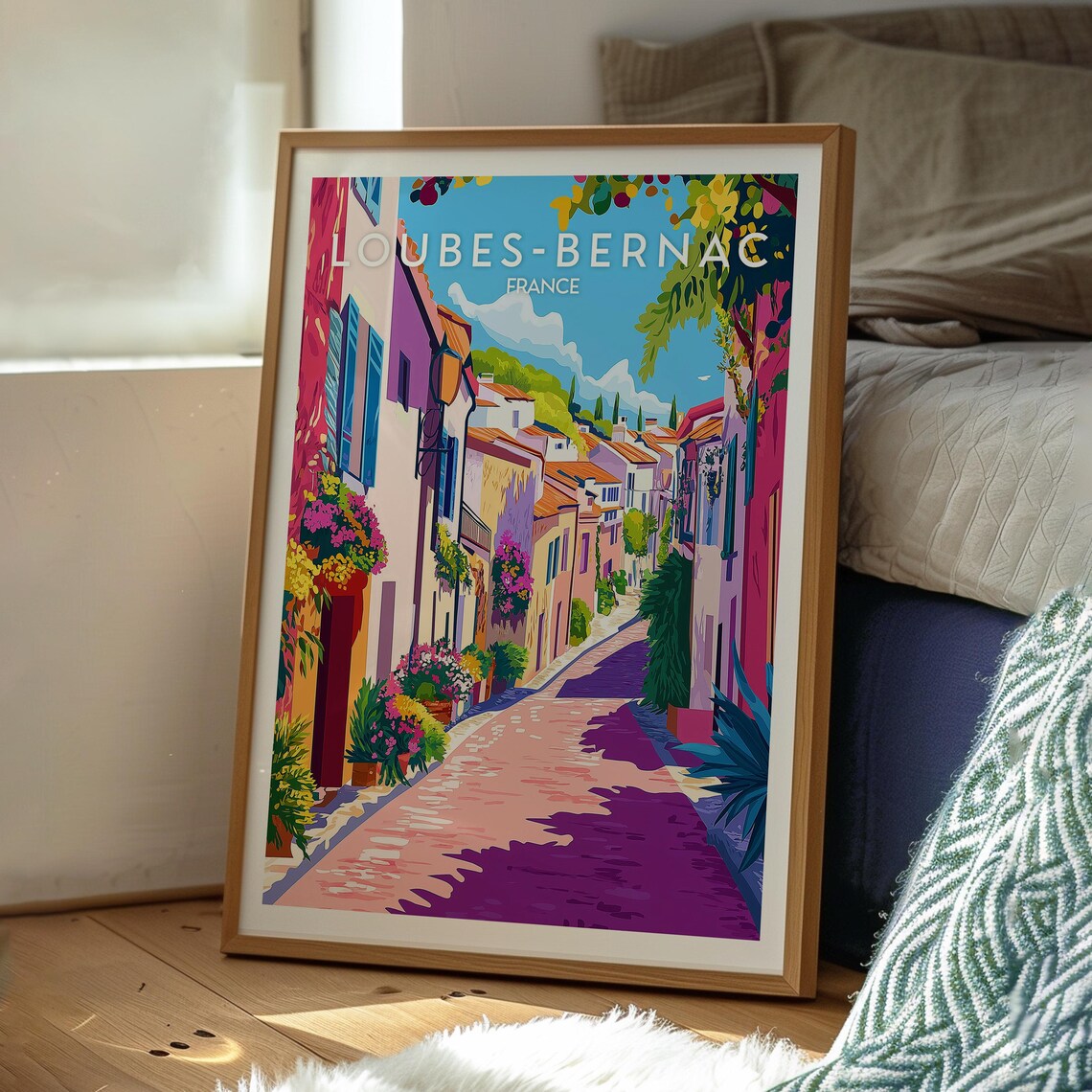 Vintage Loubes-Bernac France Flower Street Old Town Travel Poster - Image 3