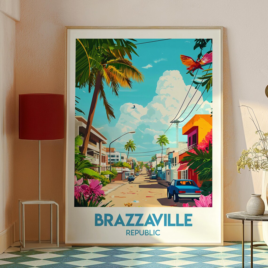 Brazzaville Congo Tropical Palm Street Parrot City Travel Poster - Image 2