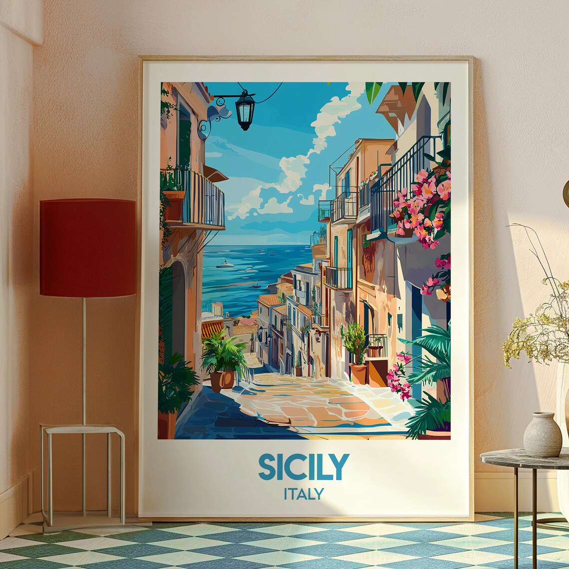 Sicily Italy Sunny Coastal Old Town Street Sea View Travel Poster - Image 2