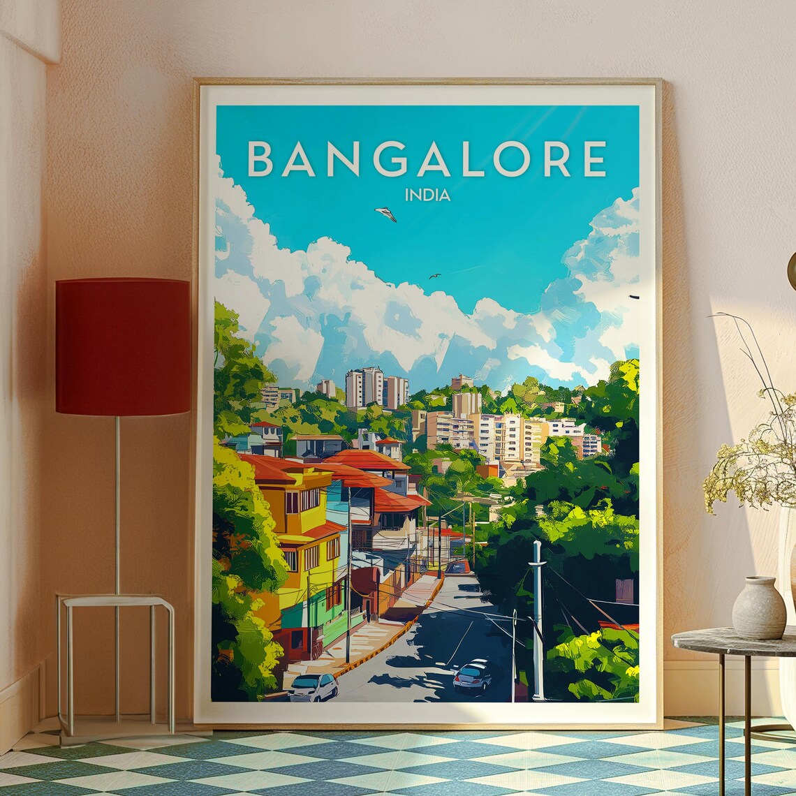 Bangalore India Retro Travel Poster Garden City Skyline Hills Artwork - Image 2