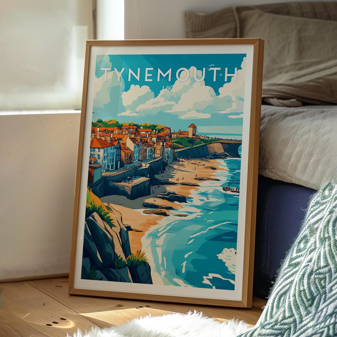 Tynemouth UK Coastal Town Beach Cliffs Harbor Scene Travel Poster - Image 3