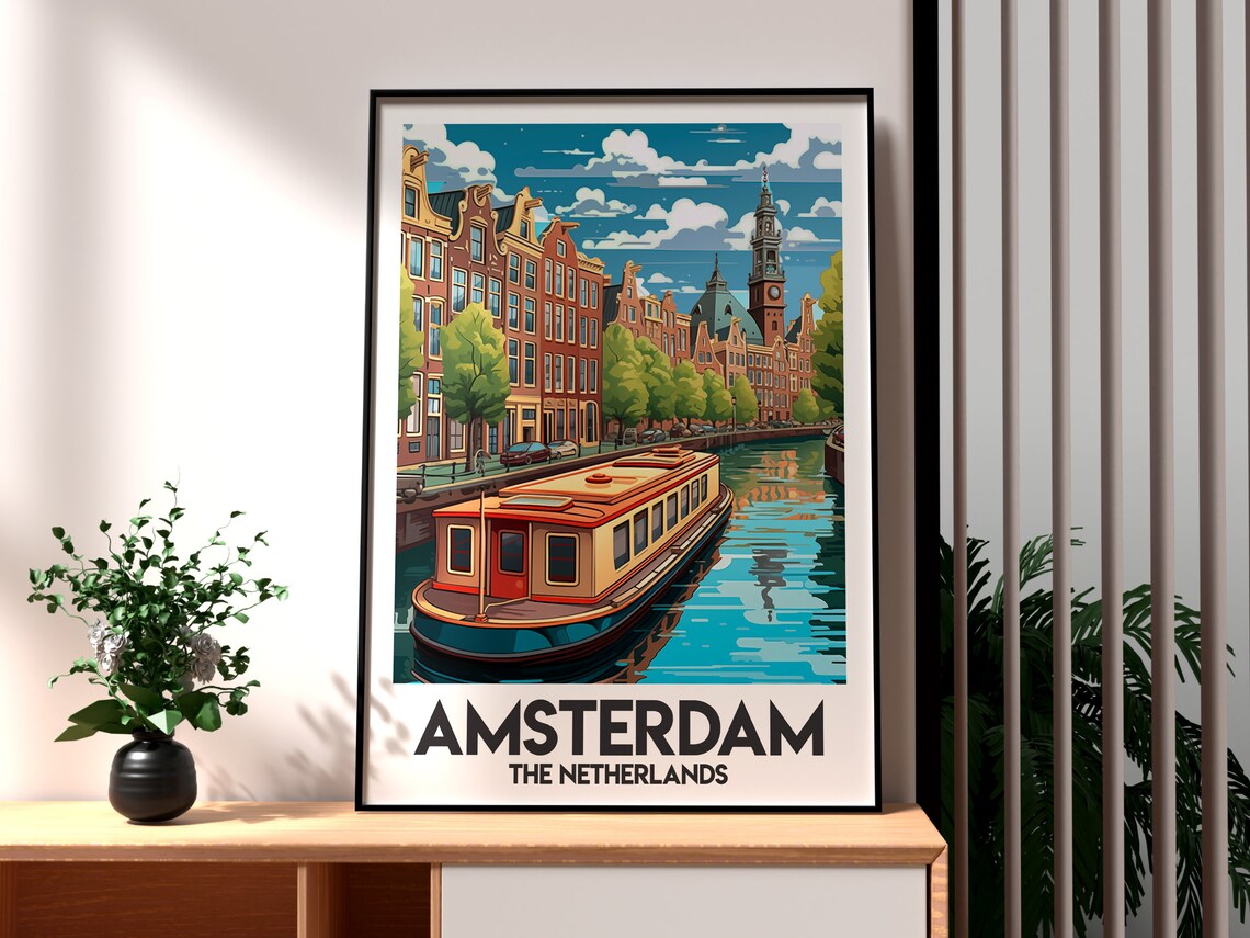 Amsterdam Netherlands Canal Boat and Historic Canal Houses Poster