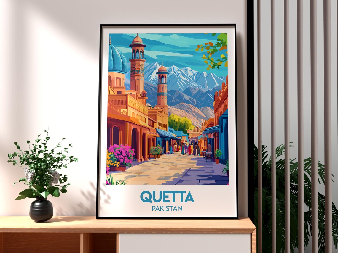 Quetta Pakistan Mosque Street Snowy Mountains Retro Travel Poster