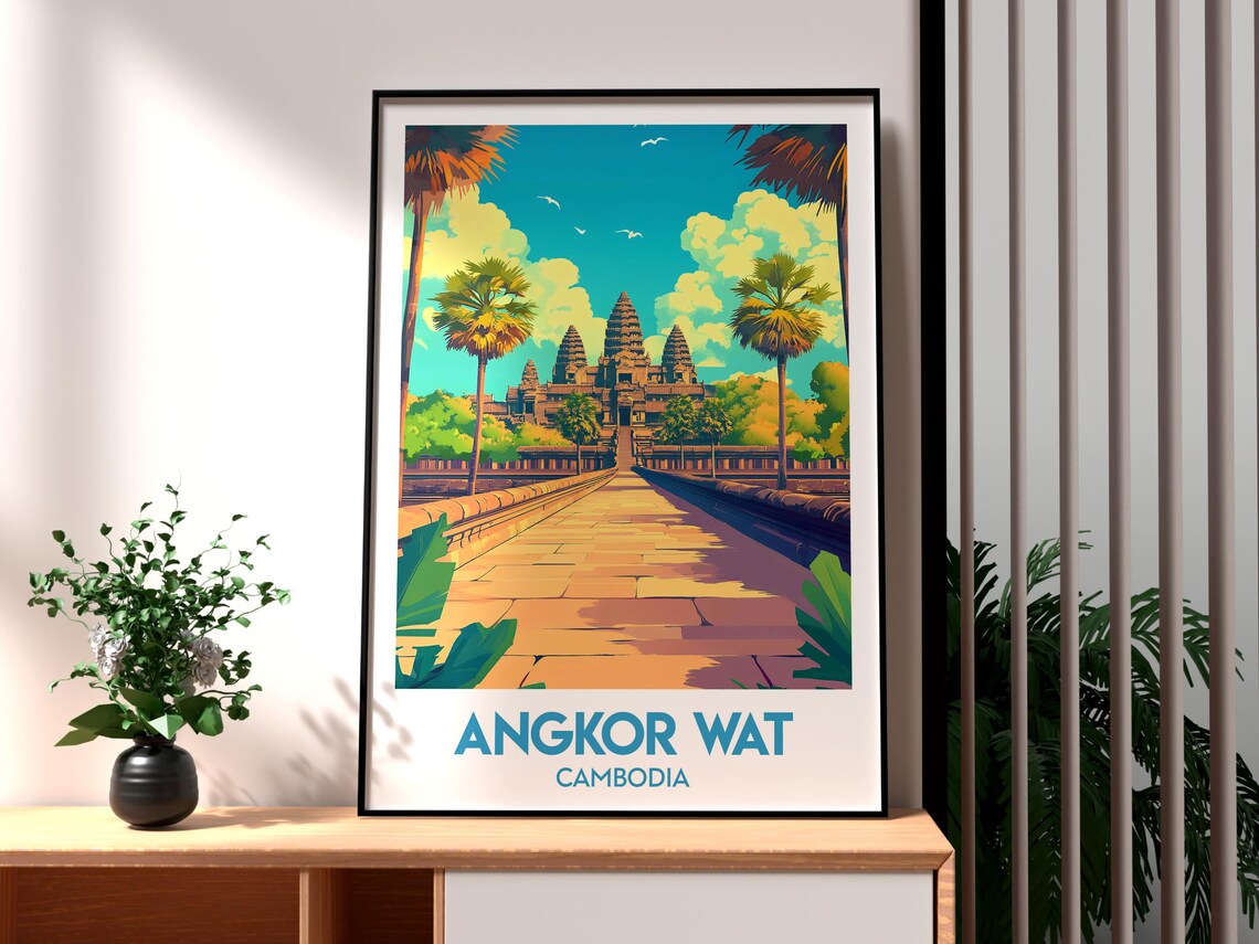 Angkor Wat Cambodia Ancient Temple Causeway Palm Trees Travel Poster