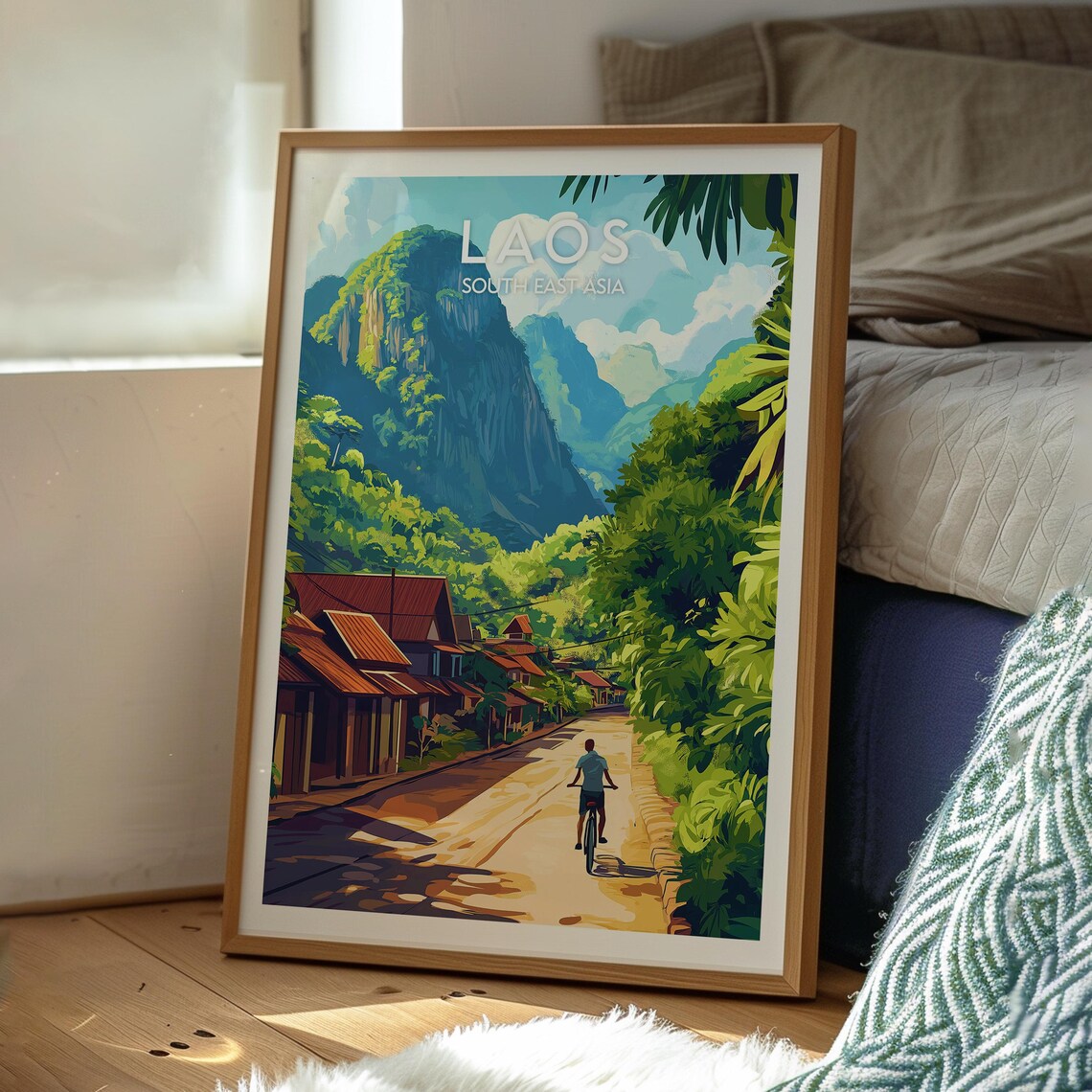Laos South East Asia Cyclist Road Karst Mountains Travel Poster - Image 2