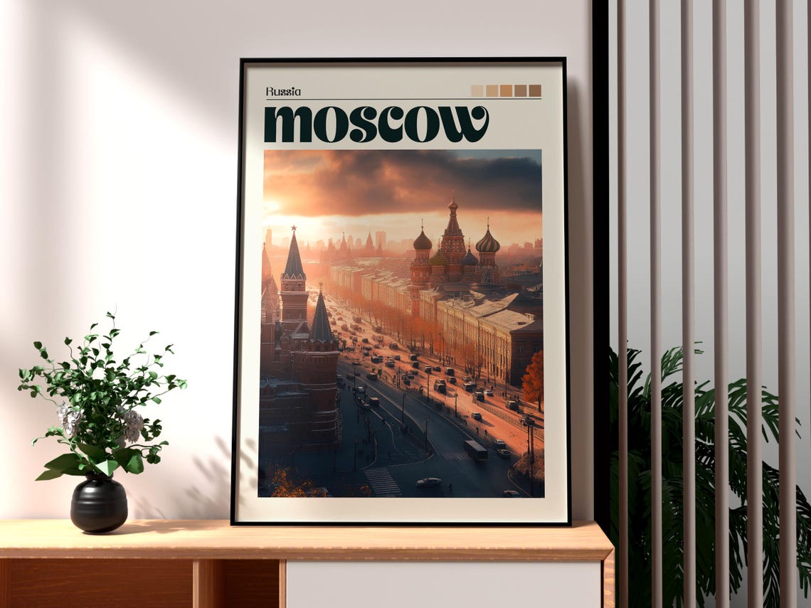 Moscow Kremlin Sunset St Basil Cathedral Cityscape Travel Poster