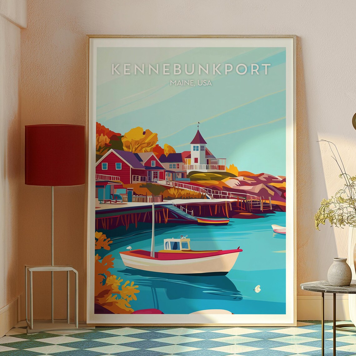 Kennebunkport Maine USA Harbor Boat Autumn Illustration Poster - Image 2