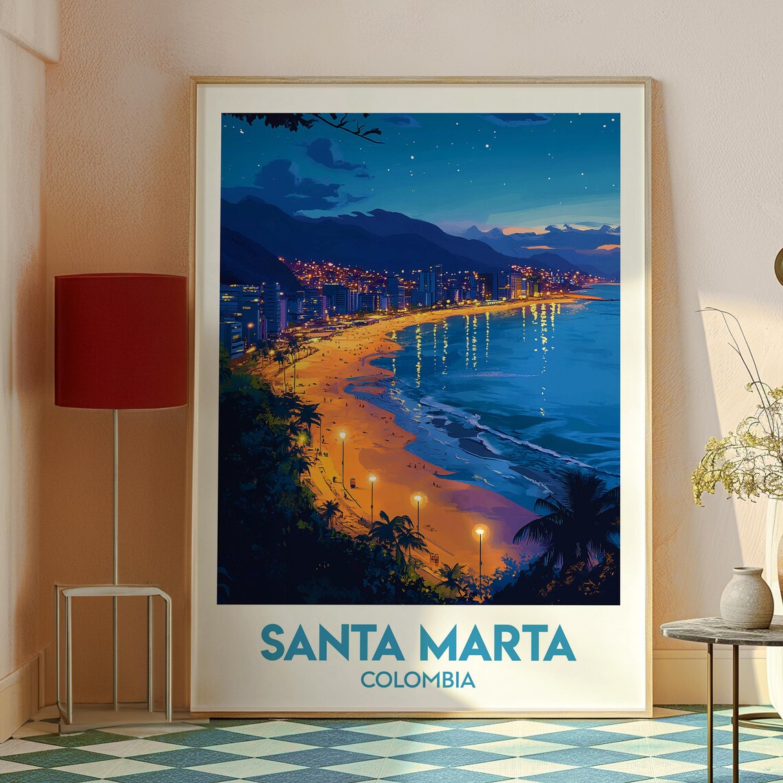 Santa Marta Colombia Night Beach Bay City Lights Tropical Travel Poster - Image 2