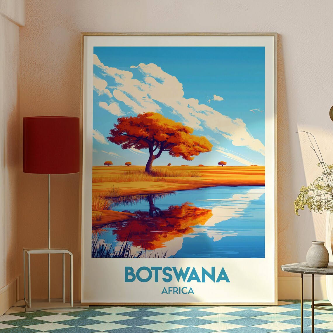 Botswana Africa Savanna Tree Water Reflection Wildlife Poster - Image 2