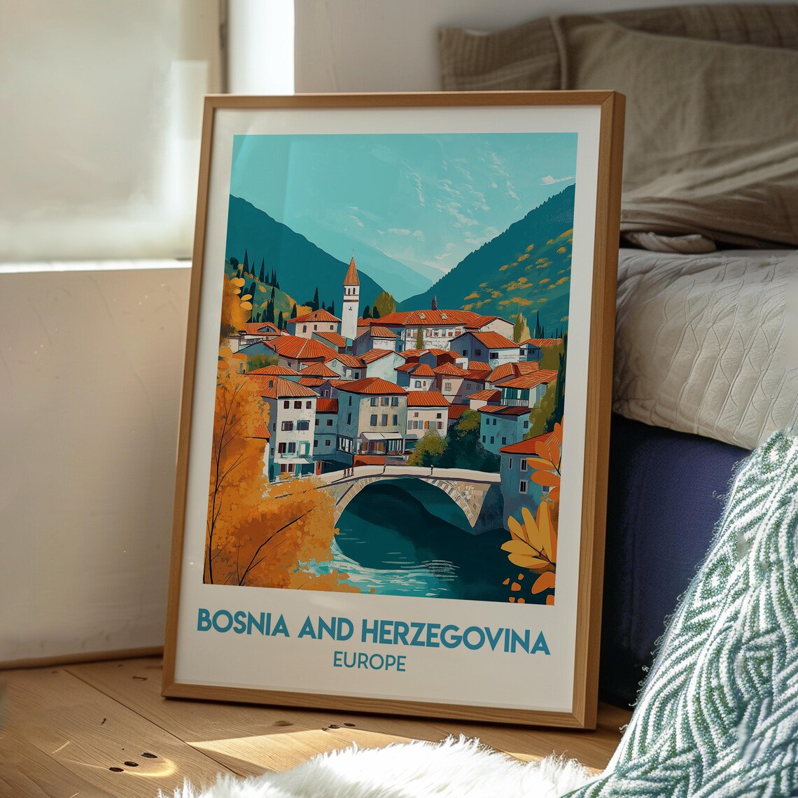Bosnia and Herzegovina Mountain Town Autumn Colors Travel Poster - Image 3