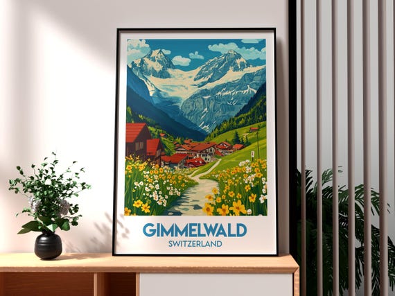 Gimmelwald Poster Swiss Alps Print Wall Art Switzerland Skiing Valley